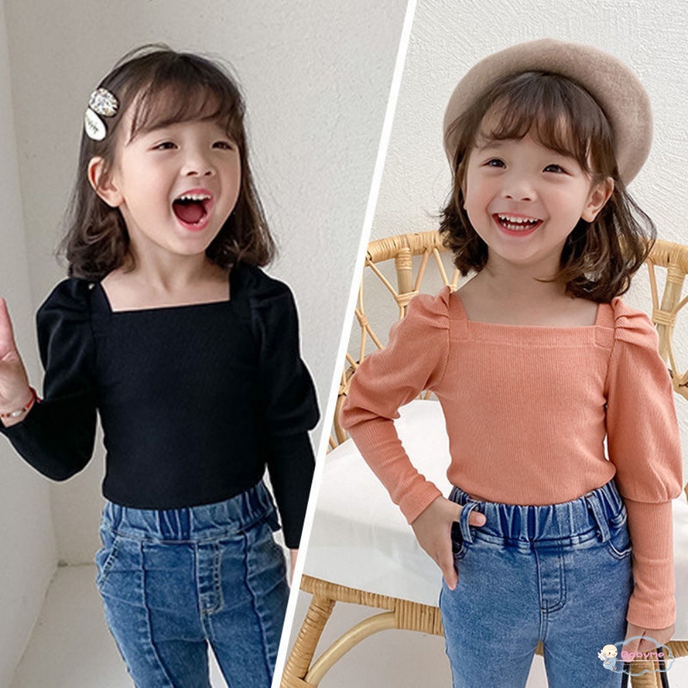 Áo Thun Tay Dài Phồng Thoáng Khí Thời Trang Hàn Quốc Cho Bé Gái