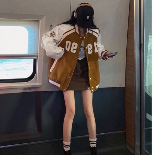 Áo bomber 1990 Áo Khoác Bóng Chày Chất Nhung Tăm Màu Đen Nâu Phối Thể Thao