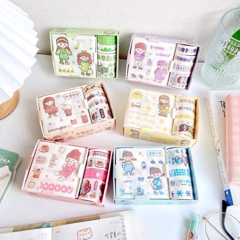 Hộp sticker 8 món nhiều hình dễ thương, băng dính hình nhiều mẫu