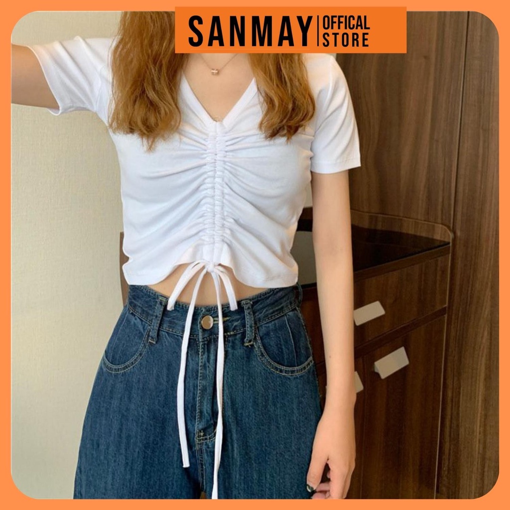Áo Croptop Rút Dây Tay ngắn SANJOLI chất thun gân co giãn rút ngực buộc nơ cá tính ôm sexy cổ tim màu đen trắng AO002