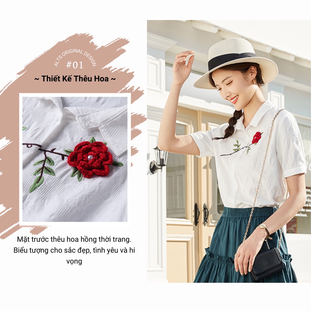 Áo kiểu nữ cổ sơ mi tay lỡ form rộng chất cotton thêu bông hồng trước ngực thời trang phong cách Hàn Quốc 2022