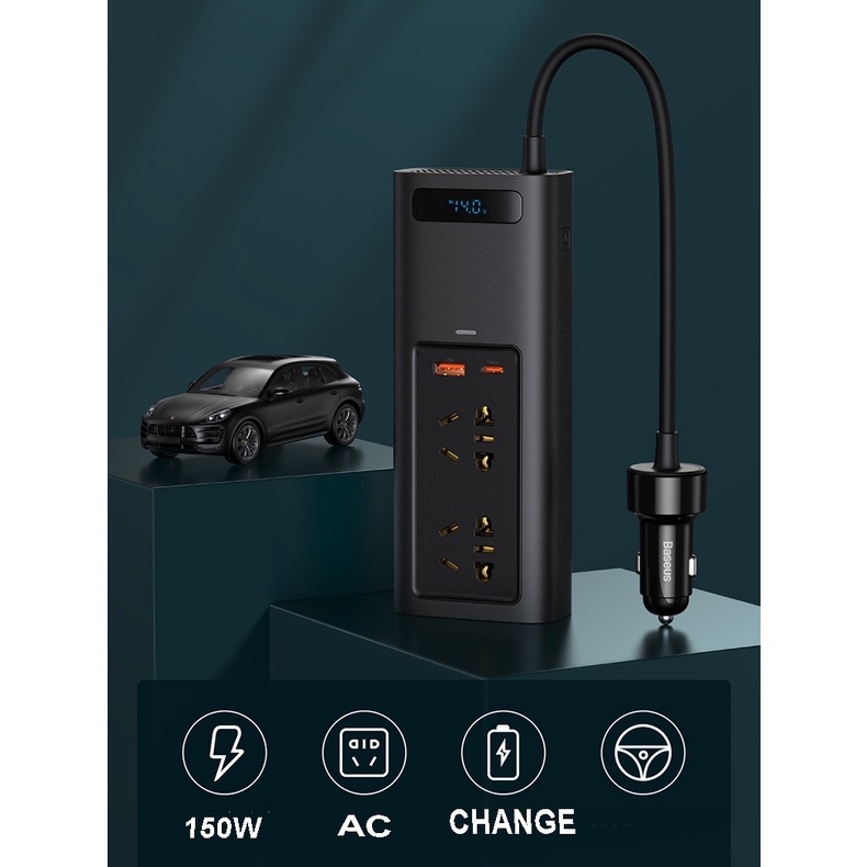 Bộ đổi nguồn trên ô tô Baseus hiệu suất cao từ 12V ra 220V(150W) 1 Cổng USB, 1 Cổng Type C - Bộ Chuyển Đổi Nguồn xe hơi