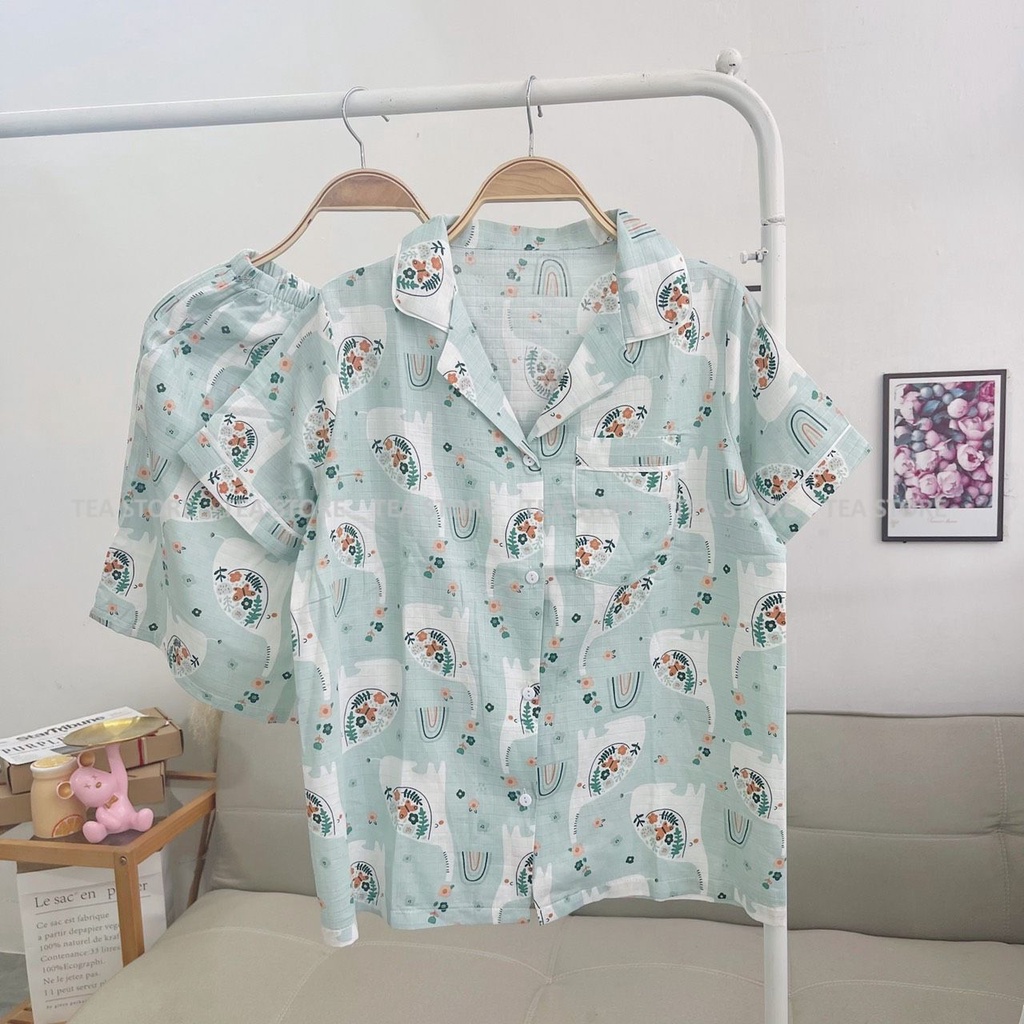 Bộ mặc nhà pyjama chất xô tre Tea Store áo cộc họa tiết dễ thương