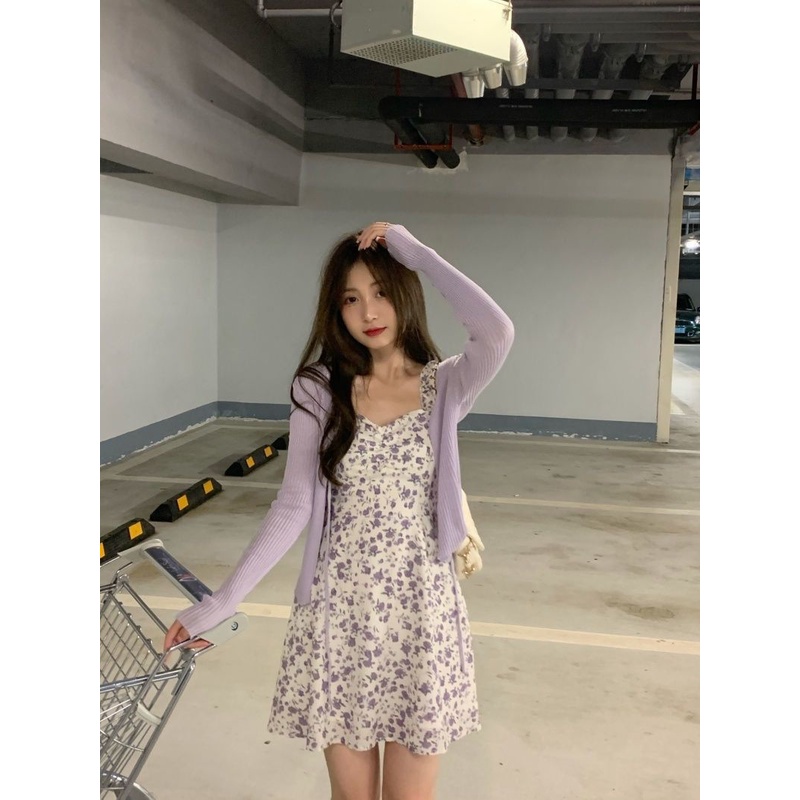 First love wind set Đầm Hai Dây Kèm Áo Khoác cardigan Mỏng Chống Nắng Mùa Thu Mới Dành Cho Bạn Nữ