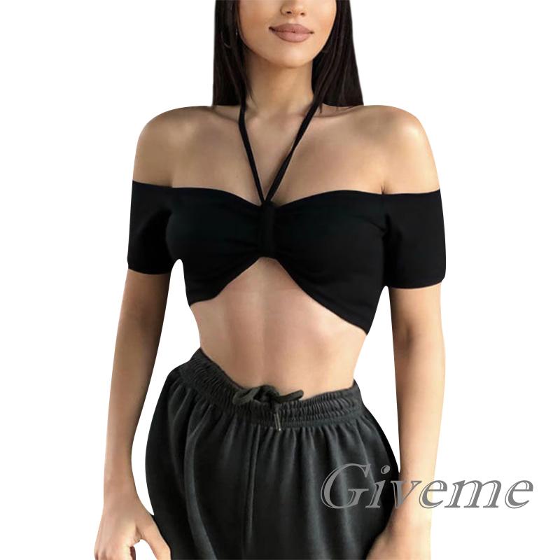Áo Croptop Tay Ngắn Hở Vai Màu Sắc Trơn Dành Cho Nữ