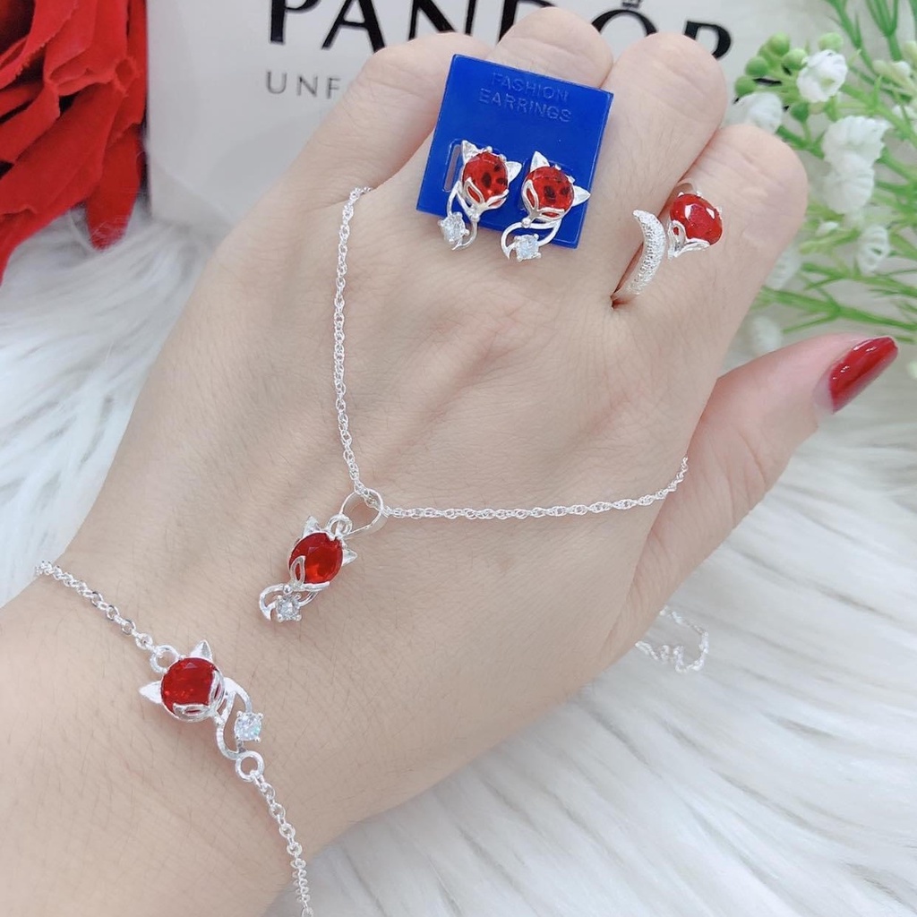 Bộ trang sức bạc mặt hồ ly nhiều màu gồm 4 món, Sét trang sức bạc phong thủy sang trọng nữ tính