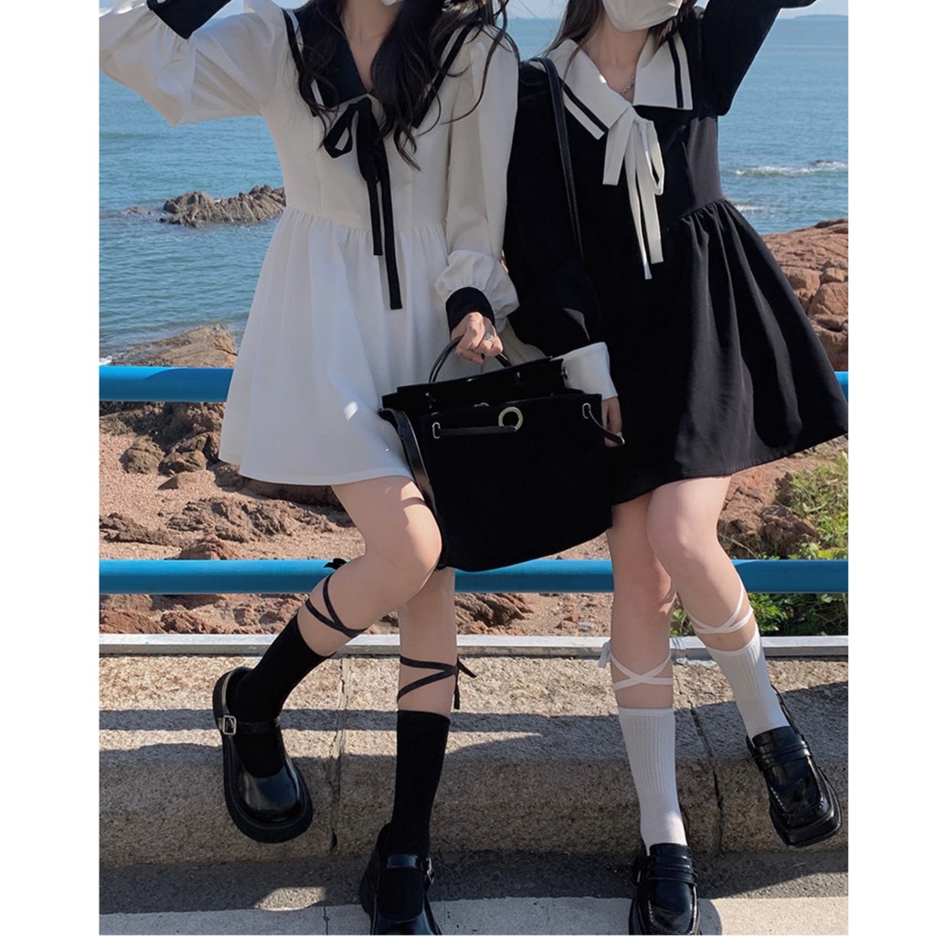 Đầm Babydoll thủy thủ dài tay Váy Trắng đen sơ mi ulzzang công chúa suông đẹp nữ Kozoda D35