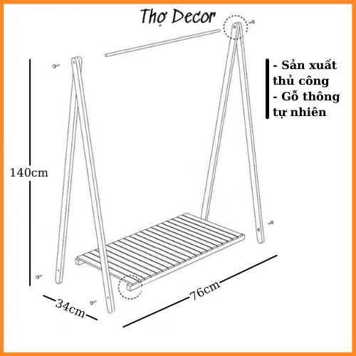 Kệ Treo Quần Áo, Giá Treo Quần Áo Chữ A 1 Tầng Gỗ Thông Cao Cấp Phong Cách Hàn Quốc