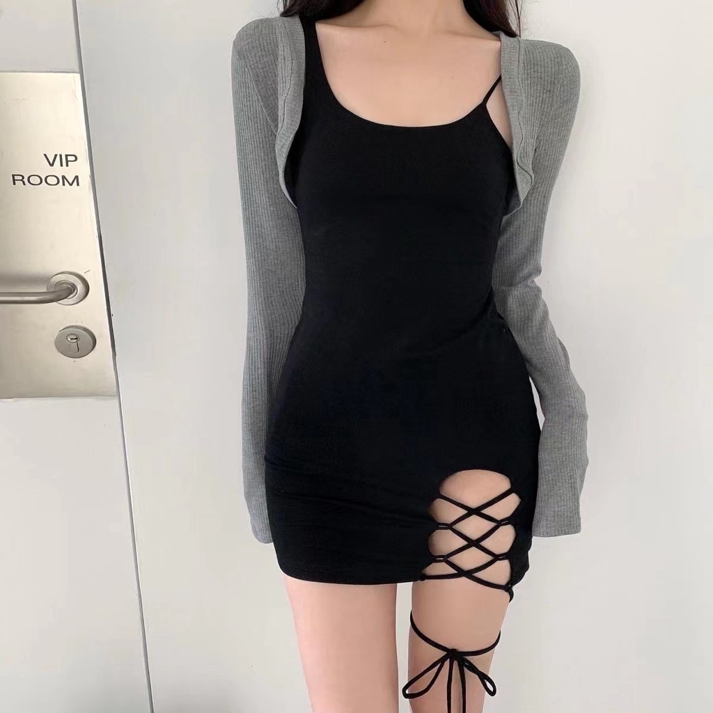 Đầm Hai Dây Ôm Dáng Màu Đen Xẻ Tà Quyến Rũ Thời Trang Mùa Hè Cho Nữ