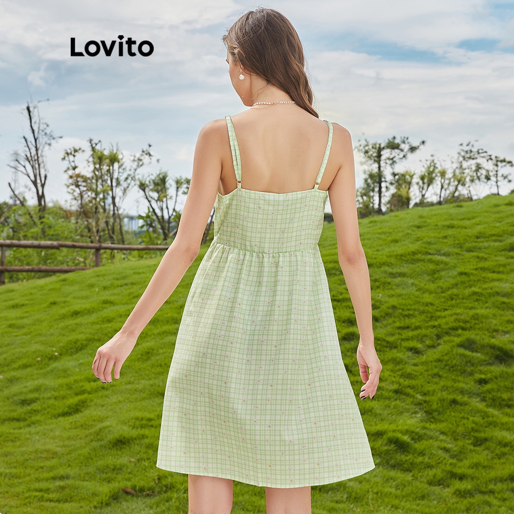 Lovito Váy có dây buộc Spaghetti trơn đơn giản L24AE017 (Xanh nhạt)