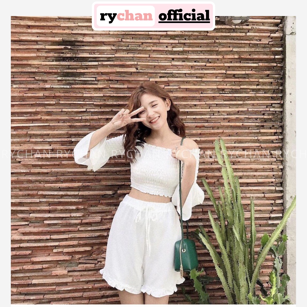 SE753 - Set Áo Trễ Vai Nhún Và Quần Váy Trắng