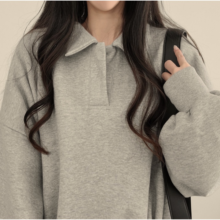 Áo sweater nữ form rộng có cổ POLO màu xám đen chất nỉ đẹp, áo sweater form rộng unisex nam nữ thời trang
