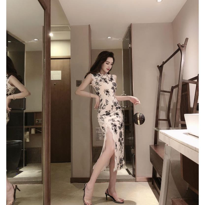 💥[Có sẵn đủ size S M L] Sườn xám hoa đen không tay | BigBuy360 - bigbuy360.vn