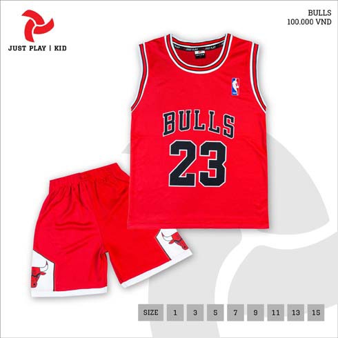 Quần áo bóng rổ JustPlay Bulls trẻ em thun mè mát, thoáng khí thấm hút mồ hôi tốt, hàng đẹp, chất lượng,