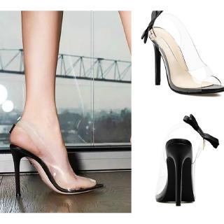 Trong Suốt Dây Đeo Trong Suốt Giày Cao Gót Miệng Cá Giày Sandal Cao Gót Nơ Thắt Nơ Dây Đeo Đế Bằng Giày Sandal Gót Cao Kích Thước Lớn