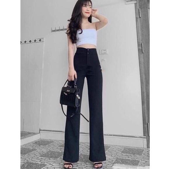 Quần ống loe nữ dài lưng cao MADELA ôm eo cực tôn dáng, quần công sở ống rộng nữ vải dài dặn -QOS101