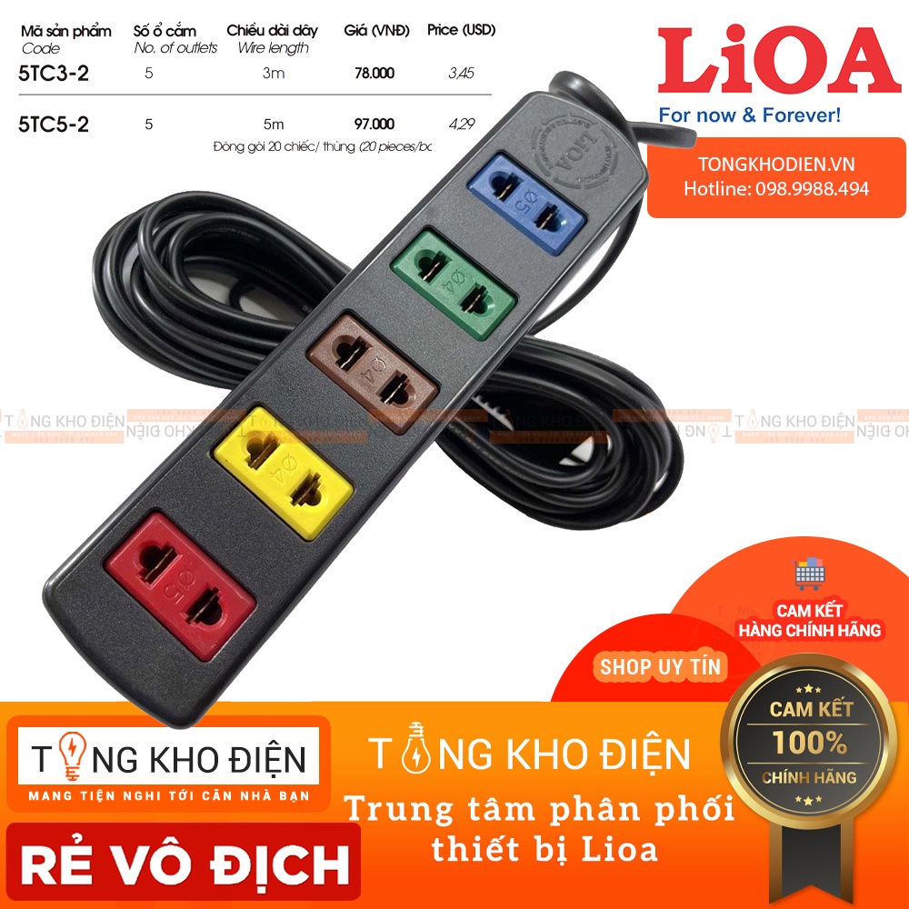 Ổ cắm điện LIOA, 5 lỗ, ~1000W, dây dài 3m/5m, mã: 5TC