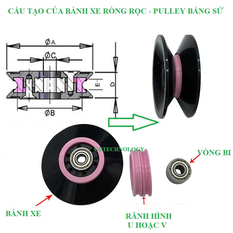 Bánh xe Ròng rọc bằng sứ dẫn hướng, pulley sứ, pully sứ dẫn hướng