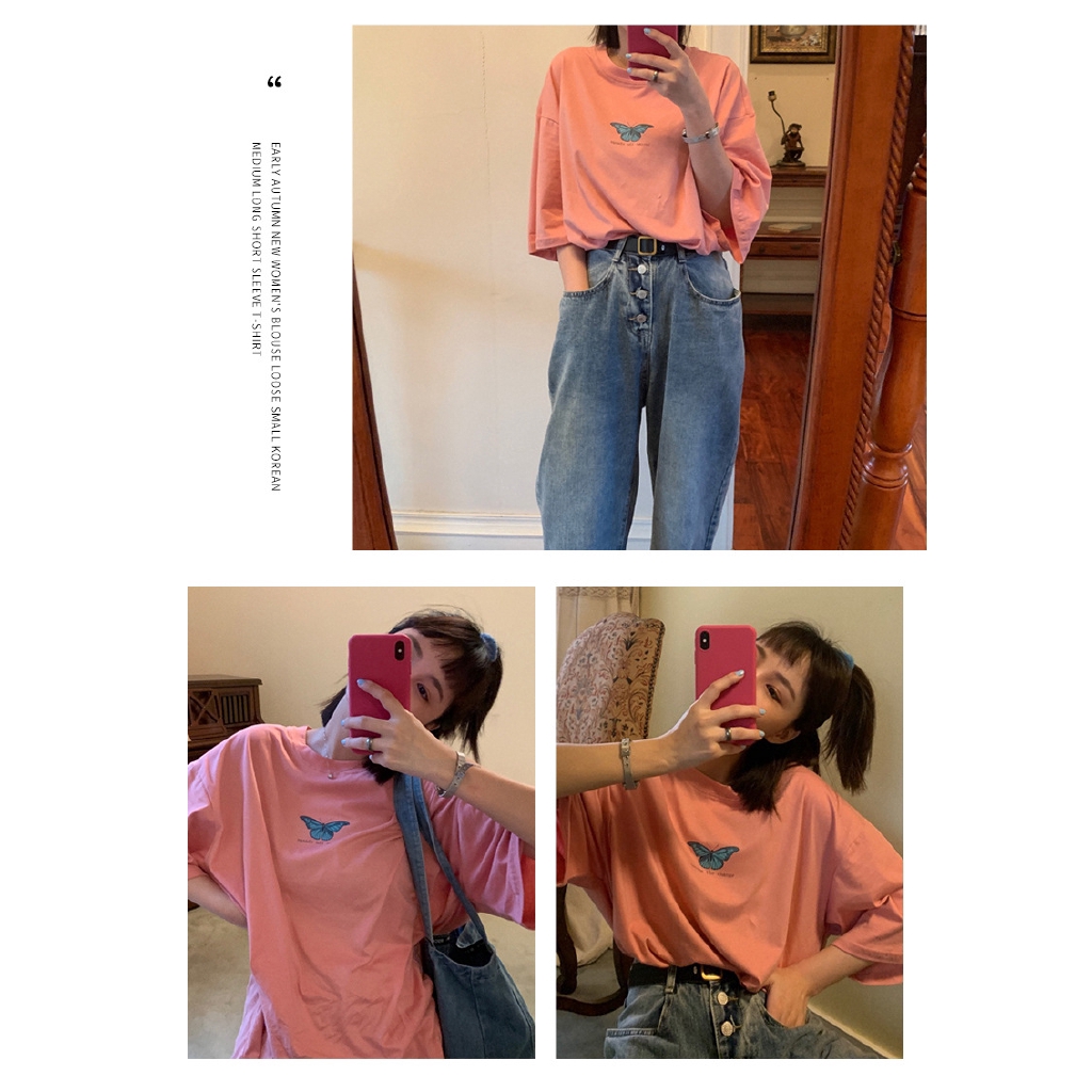 Áo Thun Nữ Dáng Dài Rộng Họa Tiết Bướm Đơn Giản Phong Cách Hàn Quốc
