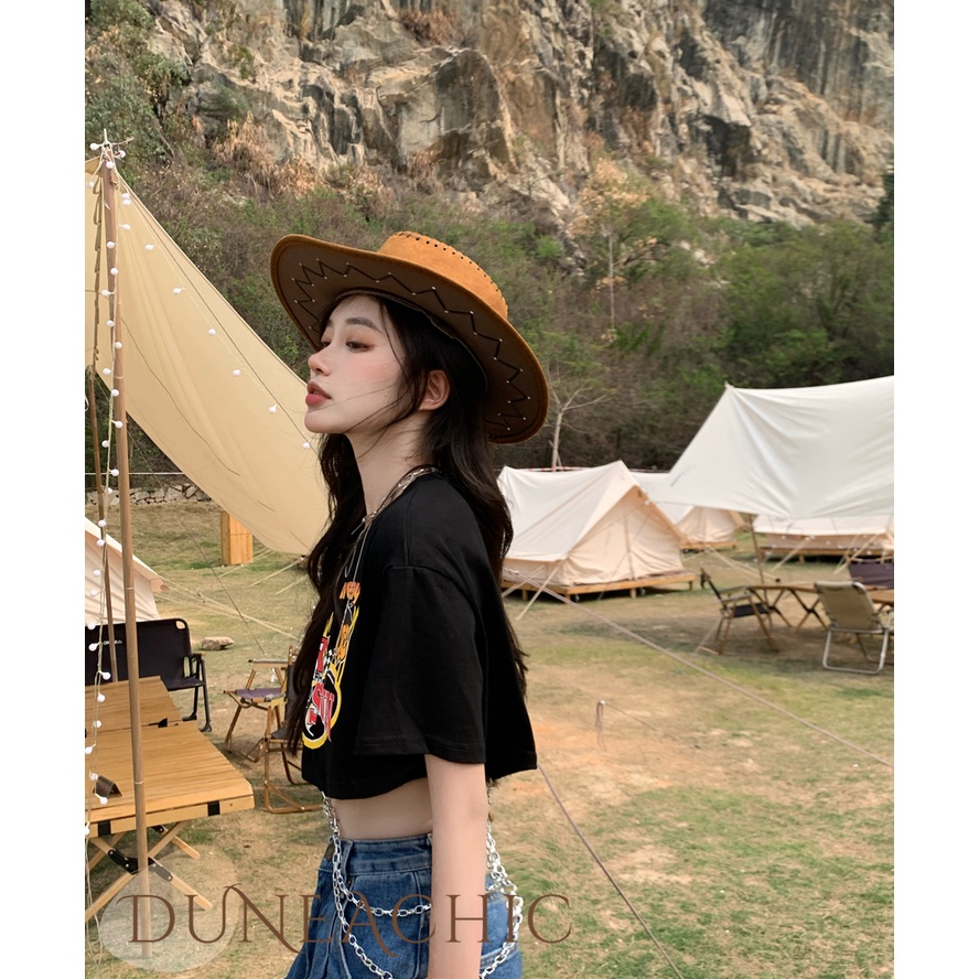 DUNEA Áo Thun Tay Ngắn Màu Đen Phối Dây Xích Phong Cách Retro Cho Nữ