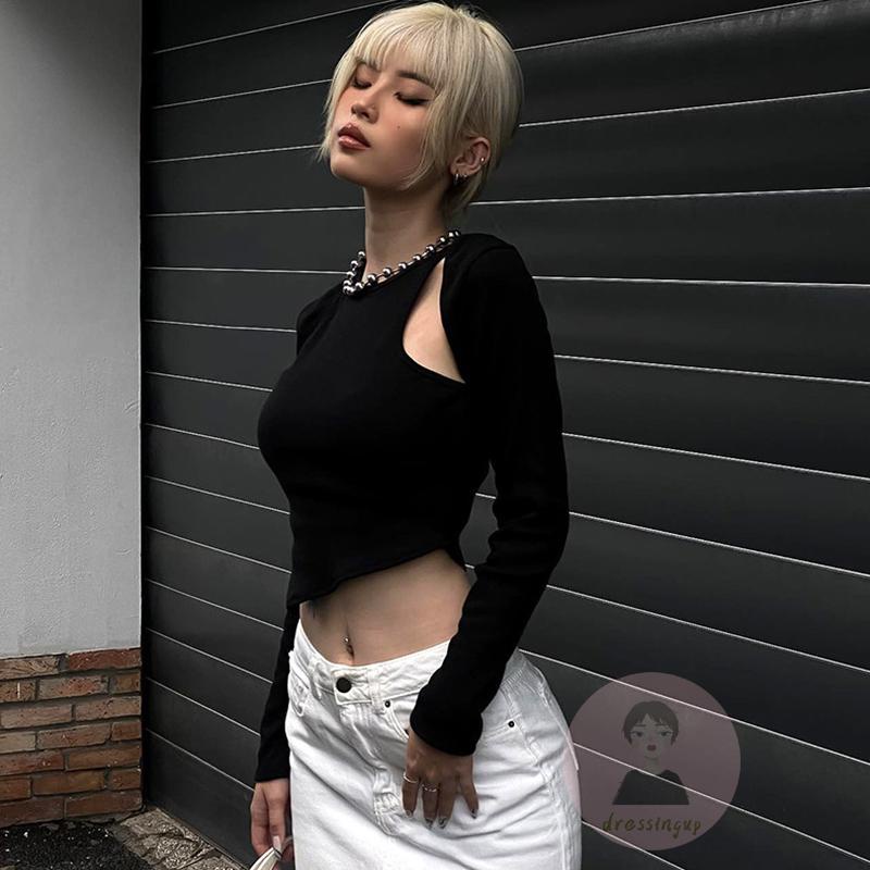 Áo Thun Nữ Dài Tay Cổ Tròn Xẻ Tà Lệch Màu Trắng / Đen