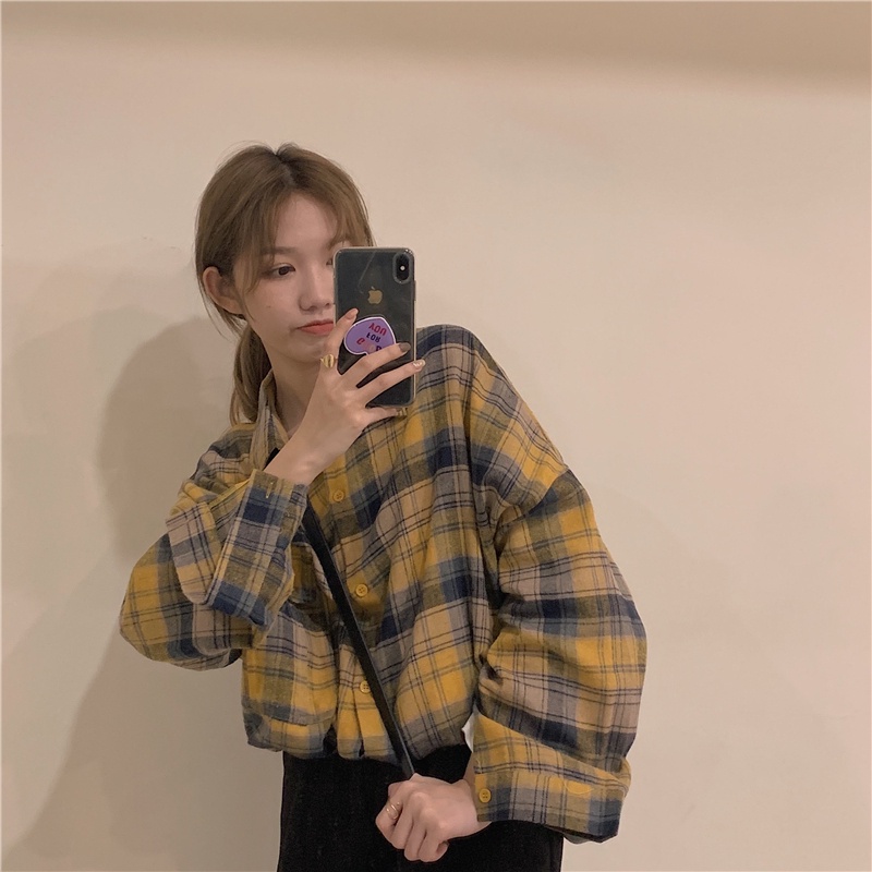 SUXI Áo Sơ Mi Caro Tay Dài Dáng Rộng Phong Cách Retro Cho Nữ