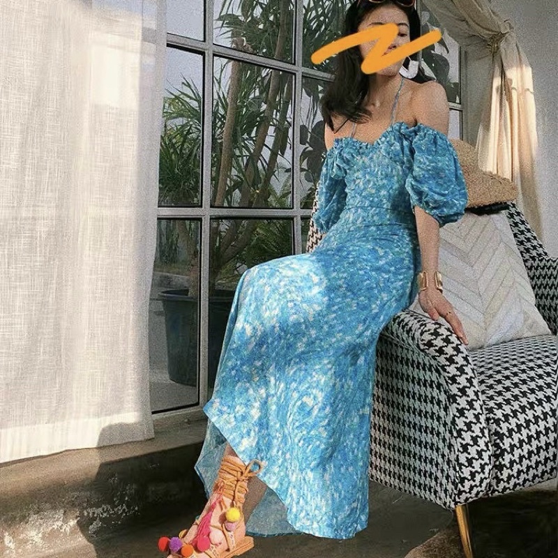 Đầm Maxi Xanh Hoạ Tiết Tay Bèo🦋FREESHIP🦋