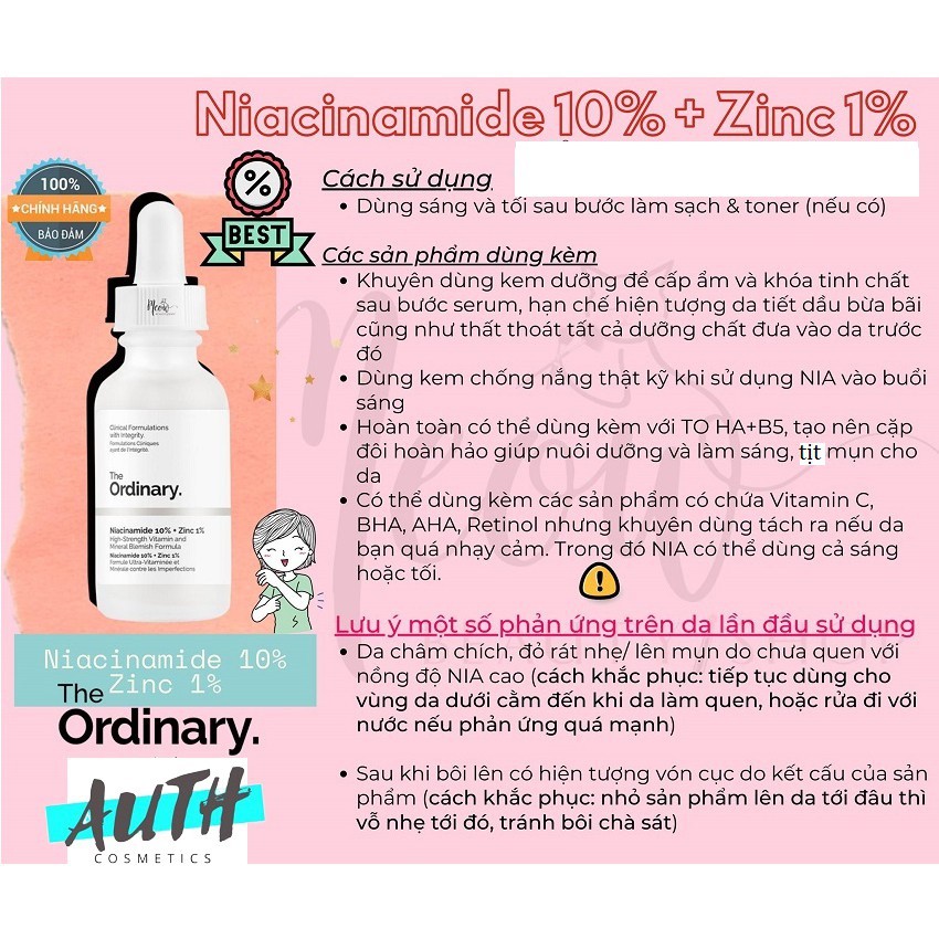 Tinh chất dưỡng trắng mờ thâm mụn The Ordinary. Niacinamide 10% + Zinc 1% Serum Auth Hàn Quốc