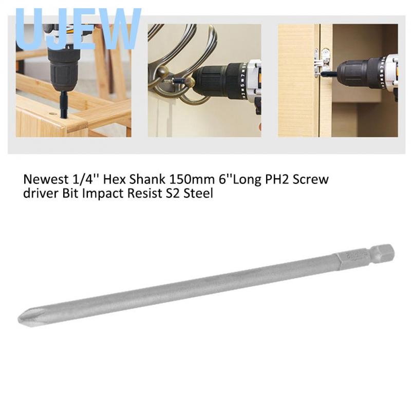 Ujew Newest 1/4'' Hex Shank 150mm 6''Long PH2 Screw driver Bit Impact Resist S2 Steel