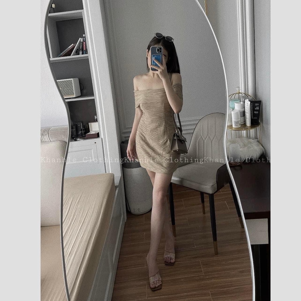 Váy Trễ Vai , Váy Body Ngang Vai Hoạ Tiết Sóng Kèm Quần Trong