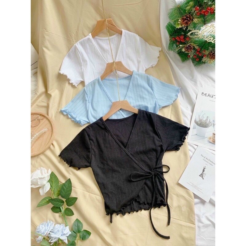 Áo Croptop Cổ v đắp chéo cột dây.