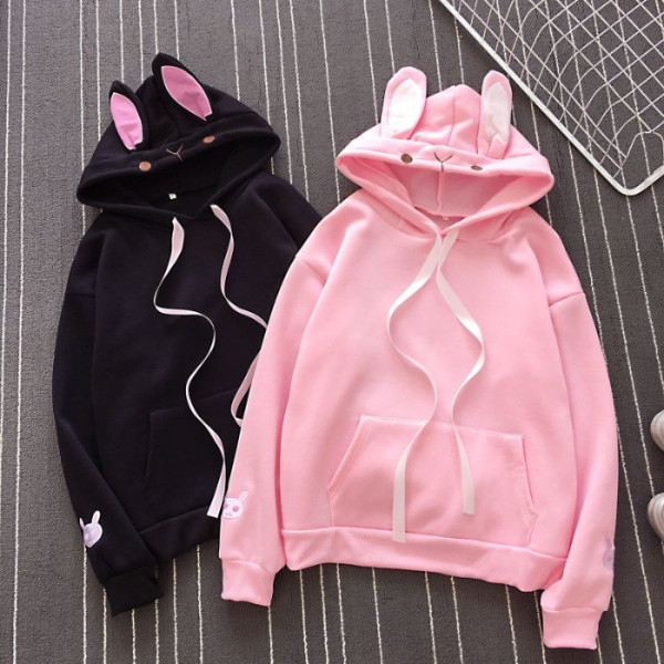 Áo Hoodie Dài Tay Dáng Rộng Phối Tai Thỏ Đáng Yêu Theo Phong Cách Nhật Bản