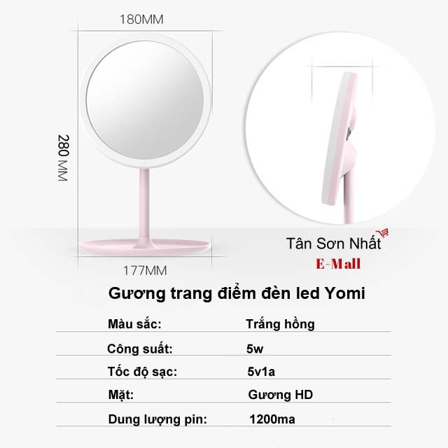 Gương Trang Điểm Để Bàn Có Đèn Led Cảm Ứng Cao Cấp YOMI Pin sạc 1200Ma