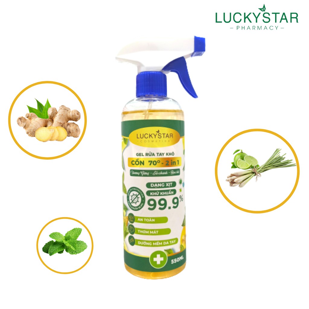 Xịt khử khuẩn LuckyStar 3 in 1 Gừng Sả Chanh 550ml