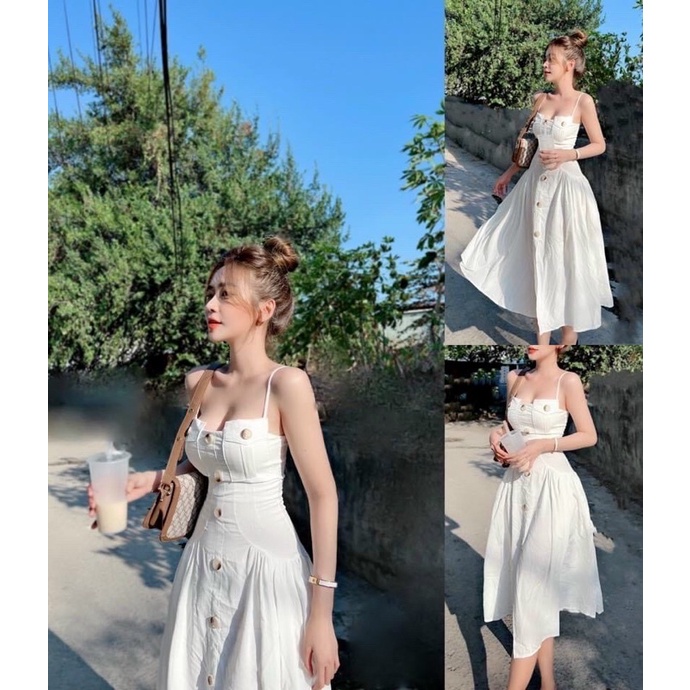 Đầm đũi 2s hai dây form xoè chữ A đính nút xếp ly cách điệu hai bên hông rất xinh