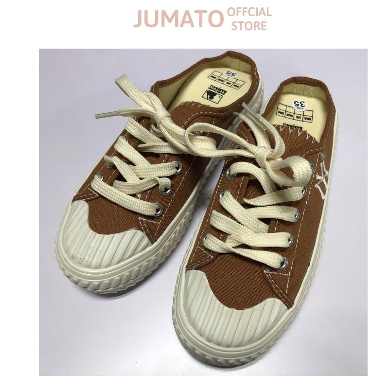 Giày sục thể thao nữ thêu chữ N.Y đạp gót đế bánh mì 3cm màu nâu tây hot trend 2022 JUMATO