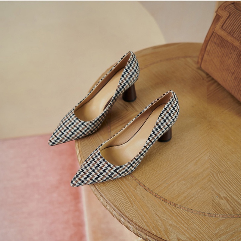 Giày cao gót IELGY mũi nhọn họa tiết houndstooth thời trang retro Pháp màu sắc cho nữ