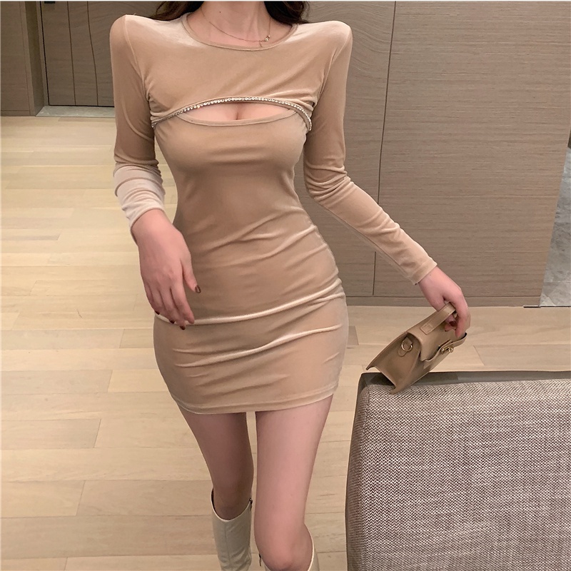 Đầm nhung tay dài ôm ngực phong cách Trung Hoa thời trang quyến rũ cho nữ