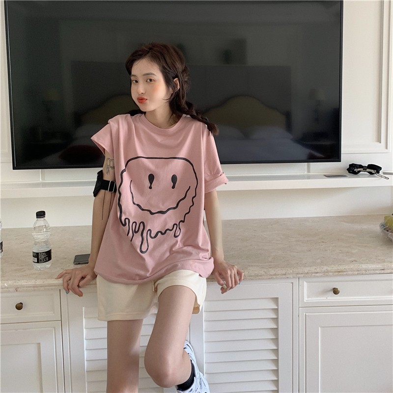 Áo thun nữ tay ngắn cổ tròn hình mặt cười ulzzang