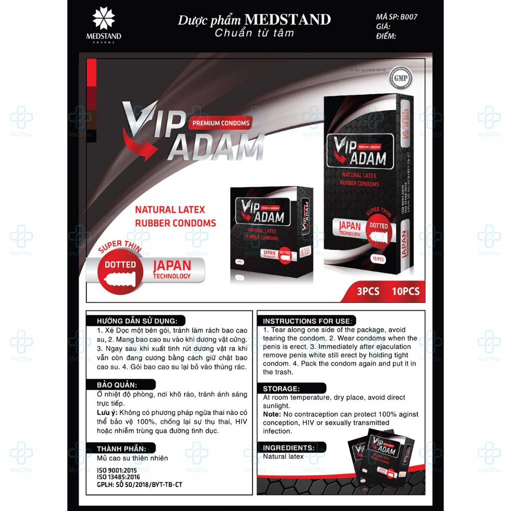 Bao cao su VIP ADAM Medstand - Bao cao su siêu mỏng, dai loại trơn, gai, gân (Hộp 10 cái) [Chính hãng]