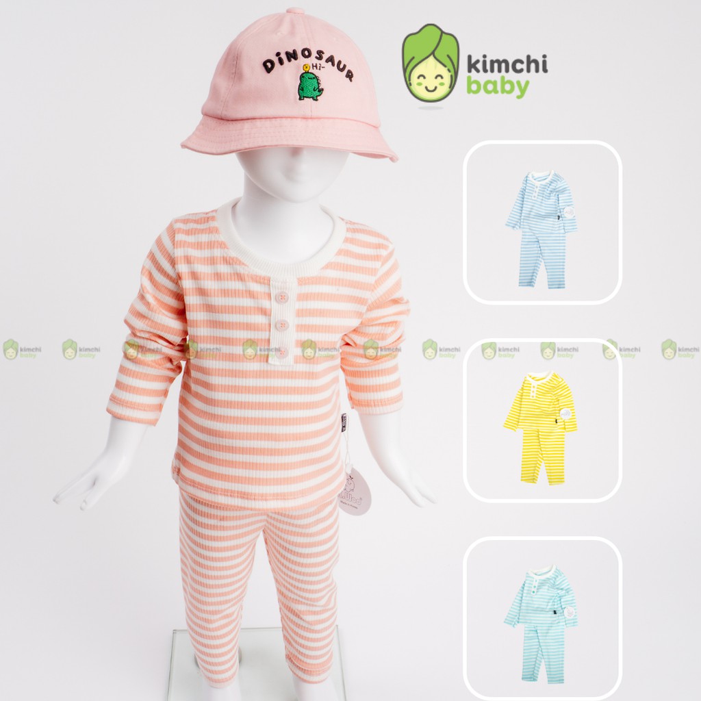 Đồ Bộ Bé Gái, Bé Trai KIMCHIBABY Vải Thun Gân Hoạ Tiết Sọc Ngang Cúc Cổ, Bộ Quần Áo Trẻ Em Thu Đông KWTD2105