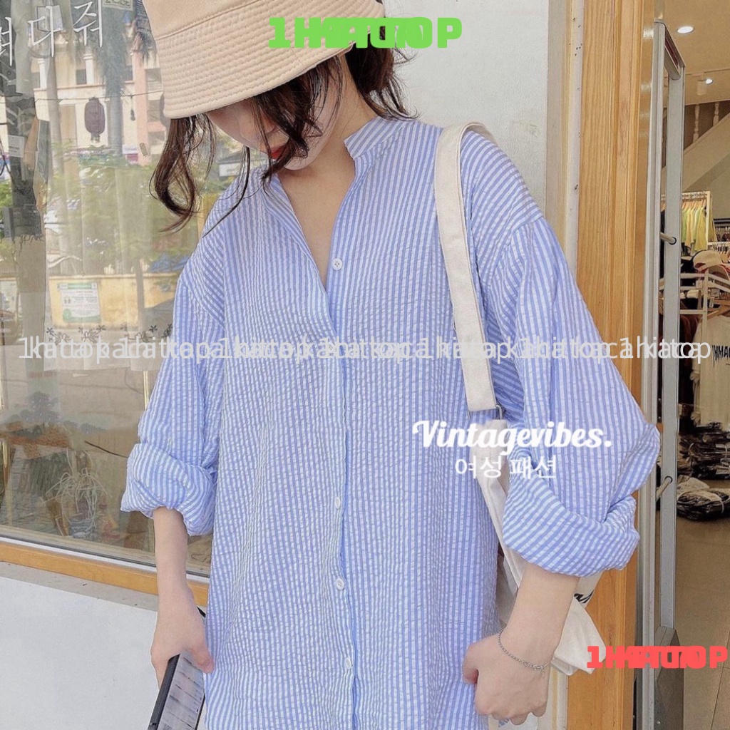 Áo sơ mi dáng rộng kẻ sọc cổ tàu tay phối bèo Ulzzang  - Ảnh thật kaca 1hittop