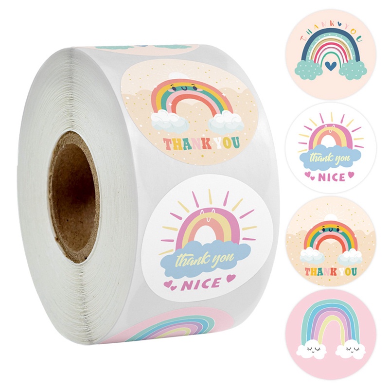 Cuộn 500 Nhãn Dán In Chữ Thank You Sitckers Màu Cầu Vồng Dễ Thương Dùng Làm Quà Tặng