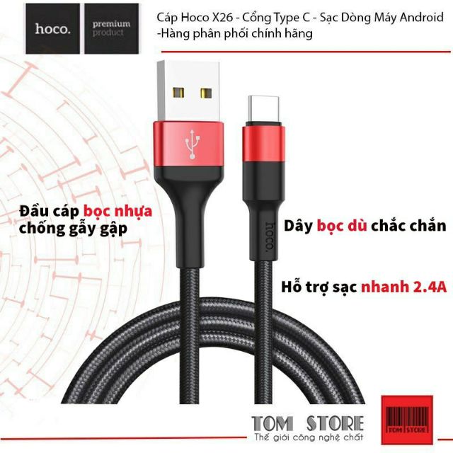 Cáp sạc Type-C Hoco X26 - Sạc Dòng Máy Android -Hàng phân phối