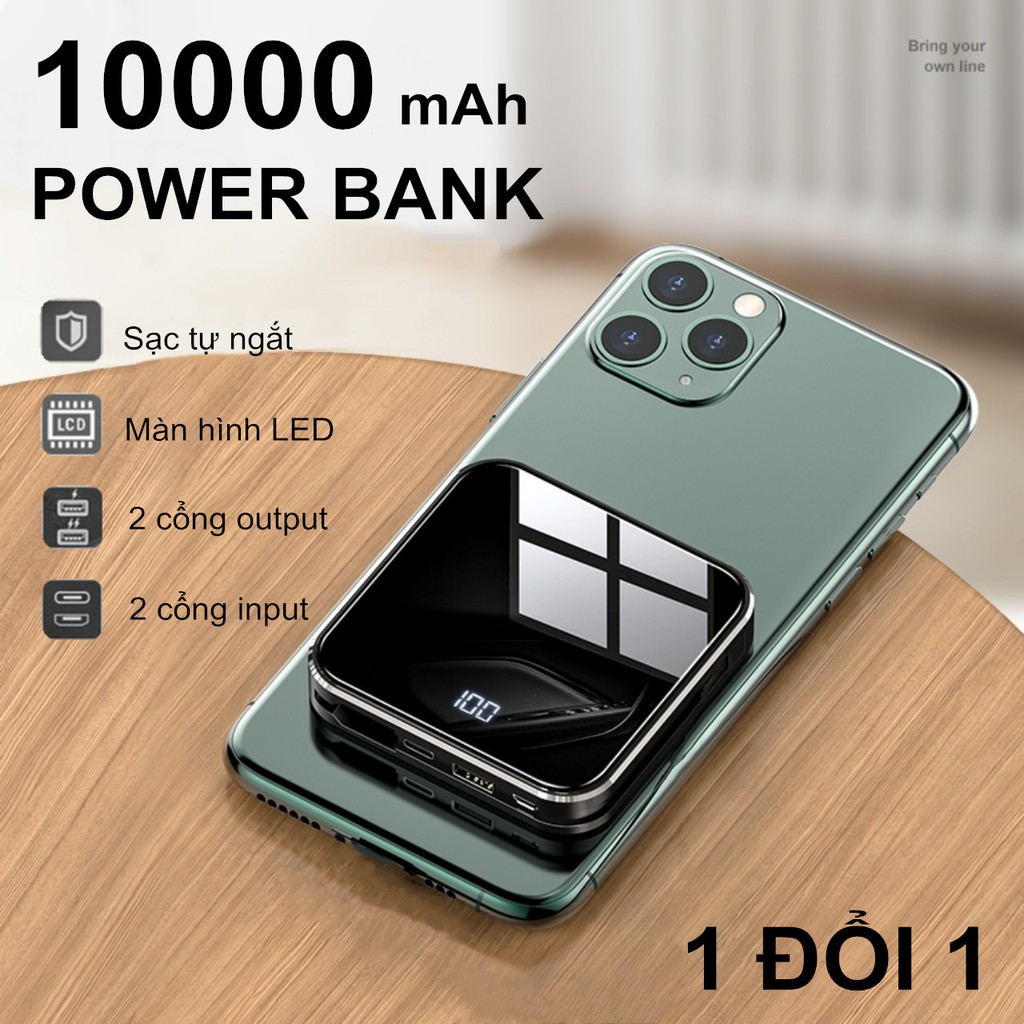 [Nhập mã giảm giá] Sạc dự phòng 10000mAh Chuẩn -Mặt Kính Đen -Có đèn báo Pin lithium A+polymer -Tự ngắt pin khi sạc đầy