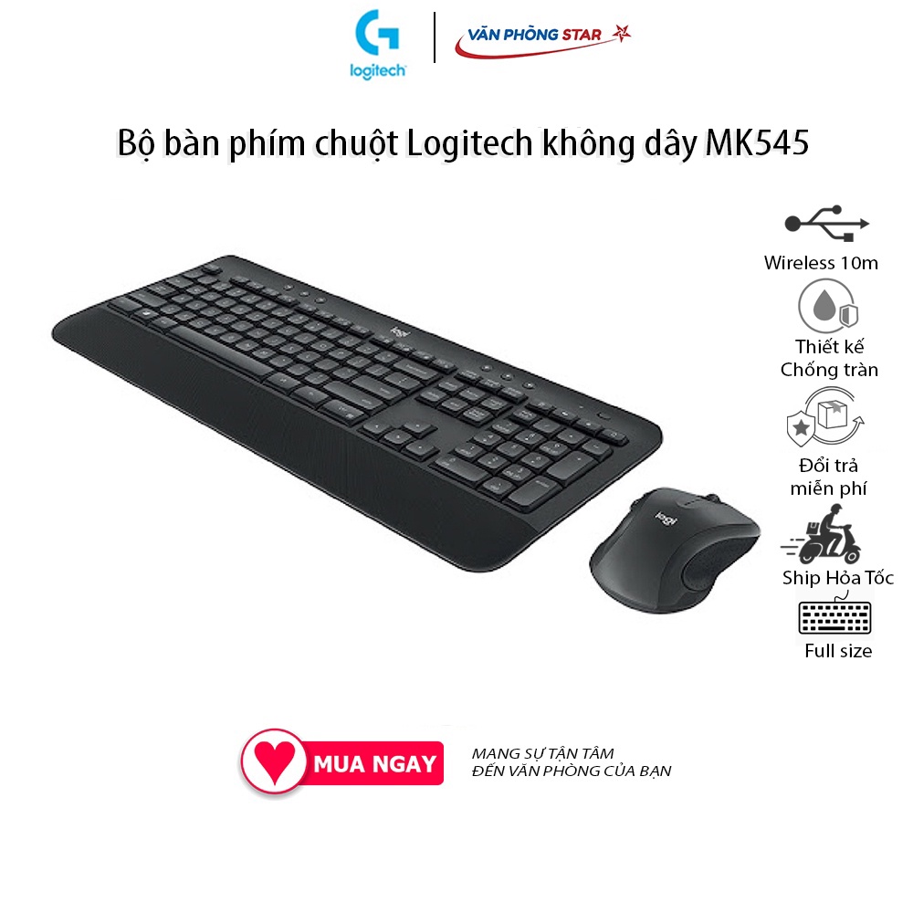 Bộ Bàn phím Chuột Logitech không dây MK545 kết nối wireless, kích thước bàn phím Full size chống nước, chống ồn