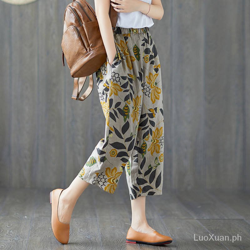 Quần Yếm Ống Rộng Vải cotton Lanh Mỏng Cỡ Lớn In Họa Tiết Hoa Thời Trang Cho Nữ
