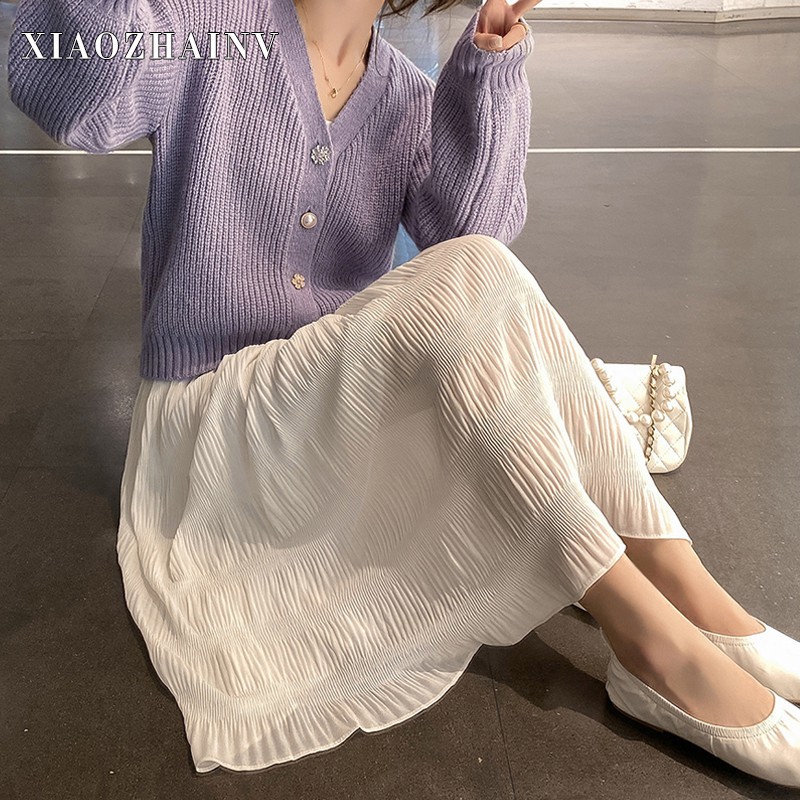 [Ready Stock] Xiaozhainv Chân Váy Midi Dáng Chữ A Lưng Cao Màu Trơn Phong Cách Hàn Quốc Sành Điệu