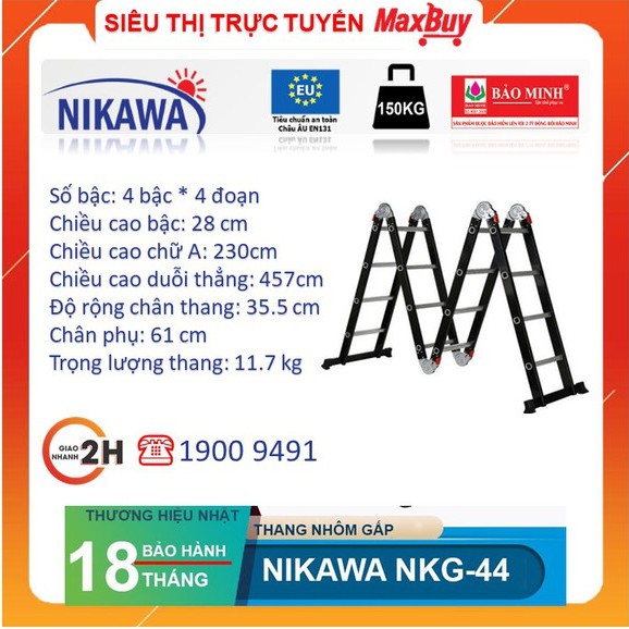 [Hỏa tốc HN] Thang Nhôm Gấp/ thang gấp khúc  đa năng 4 Bậc 4 Đoạn Nikawa NKG-44 nhập khẩu Nhật Bản, bảo hành chính hãng