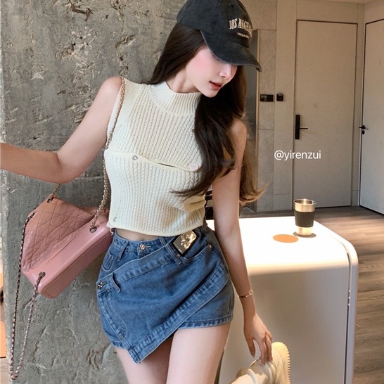 Set Áo Len Không Tay + Chân Váy Jeans Lưng Cao Phong Cách Hàn Quốc Mới Cho Nữ
